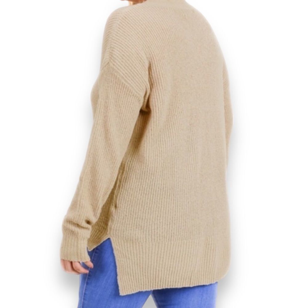 Beige Crew Neck Long Sleeve Lightweight Rib Knit Sweater NEW